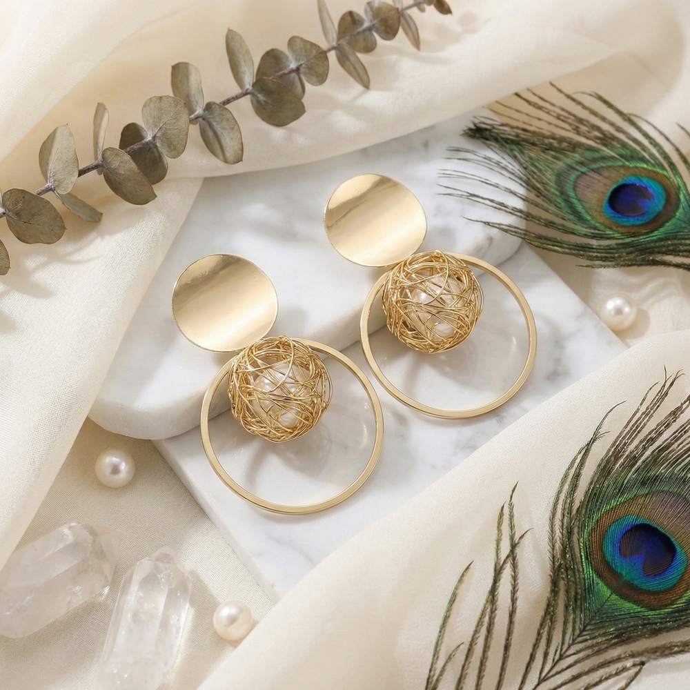 Gold Plated Wire Mesh Faux Pearl Sphere Statement Drop Earrings Geometric Chic - Picture 6 of 15